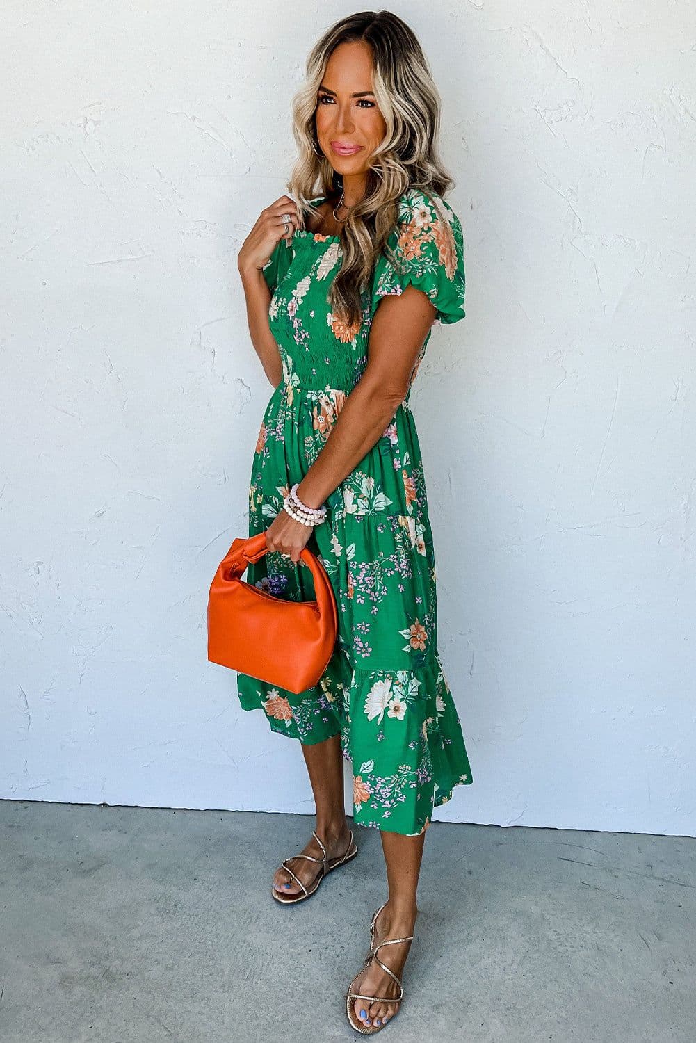 image-Floral Print Bubble Sleeve Midi Dress - Tiered Smocked Design (59 characters)