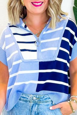 image-Black Stripe Colorblock Quarter Zip Sweater Vest - Chic Knit Top