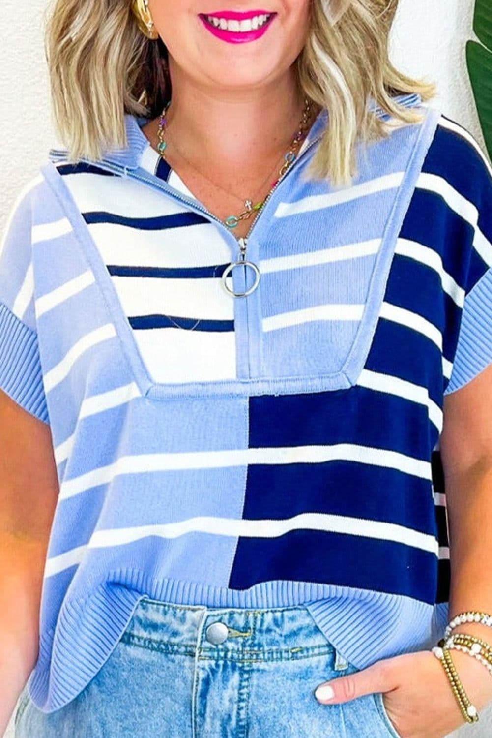 image-Black Stripe Colorblock Quarter Zip Sweater Vest - Chic Knit Top