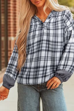 image-Gray Plaid Patchwork Hooded Long Sleeve Blouse