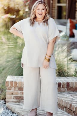 image-Beige Plus Size Textured Collared Top and Pants Set