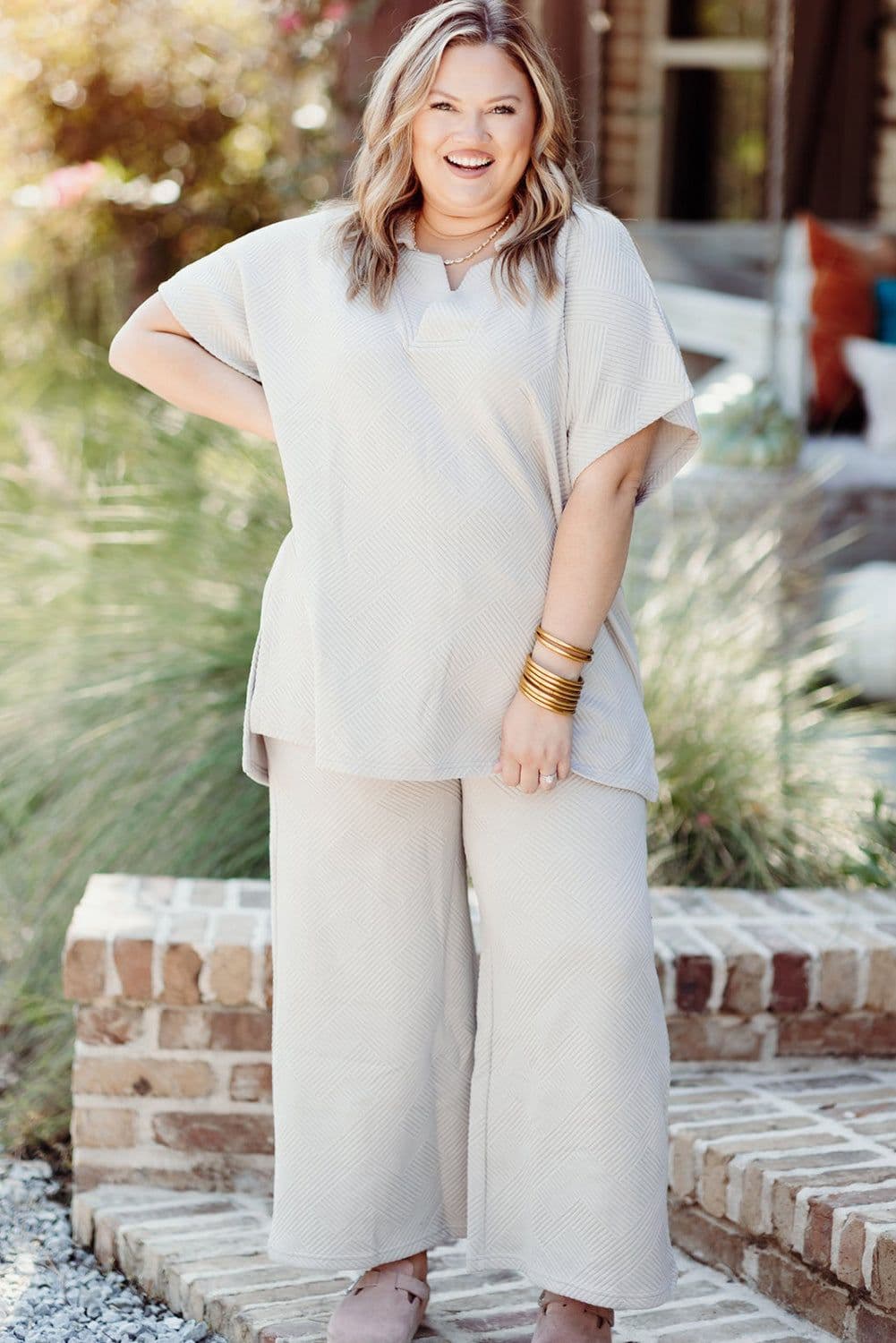 image-Beige Plus Size Textured Collared Top and Pants Set