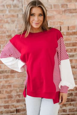 image-Fiery Red Striped Patchwork Sweatshirt