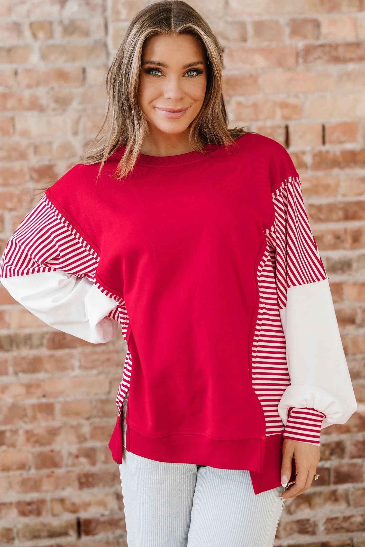 image-Fiery Red Striped Patchwork Sweatshirt