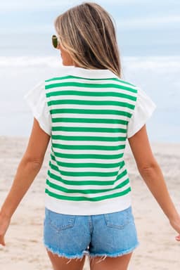 image-Black Stripe Collar V Neck Ruffled Short Sleeve Blouse