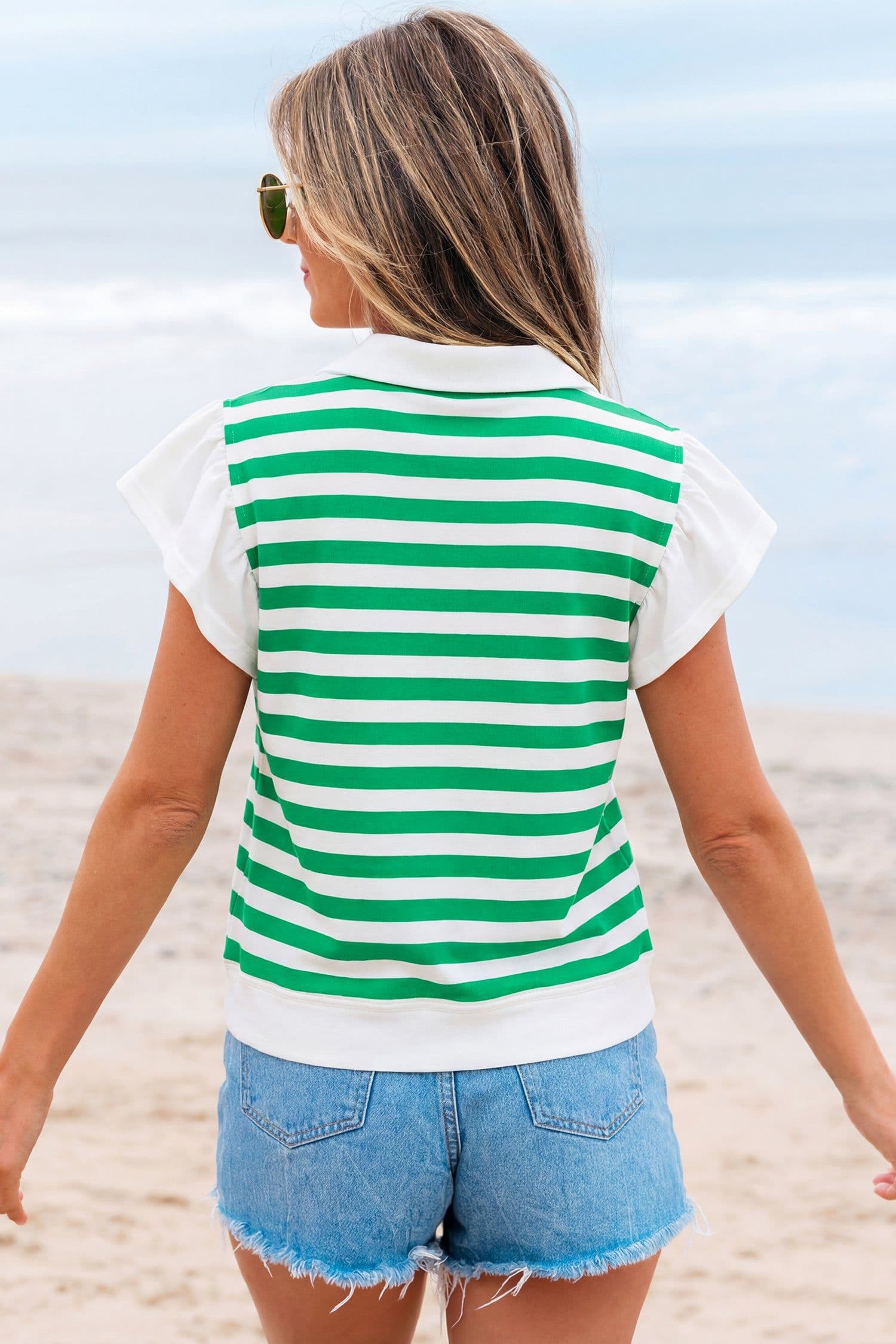 image-Black Stripe Collar V Neck Ruffled Short Sleeve Blouse