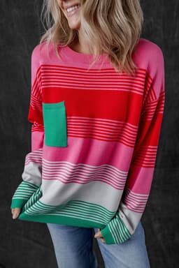 image-Striped Knit Patch Pocket Sweater - Drop Shoulder Design, Comfortable & Trendy