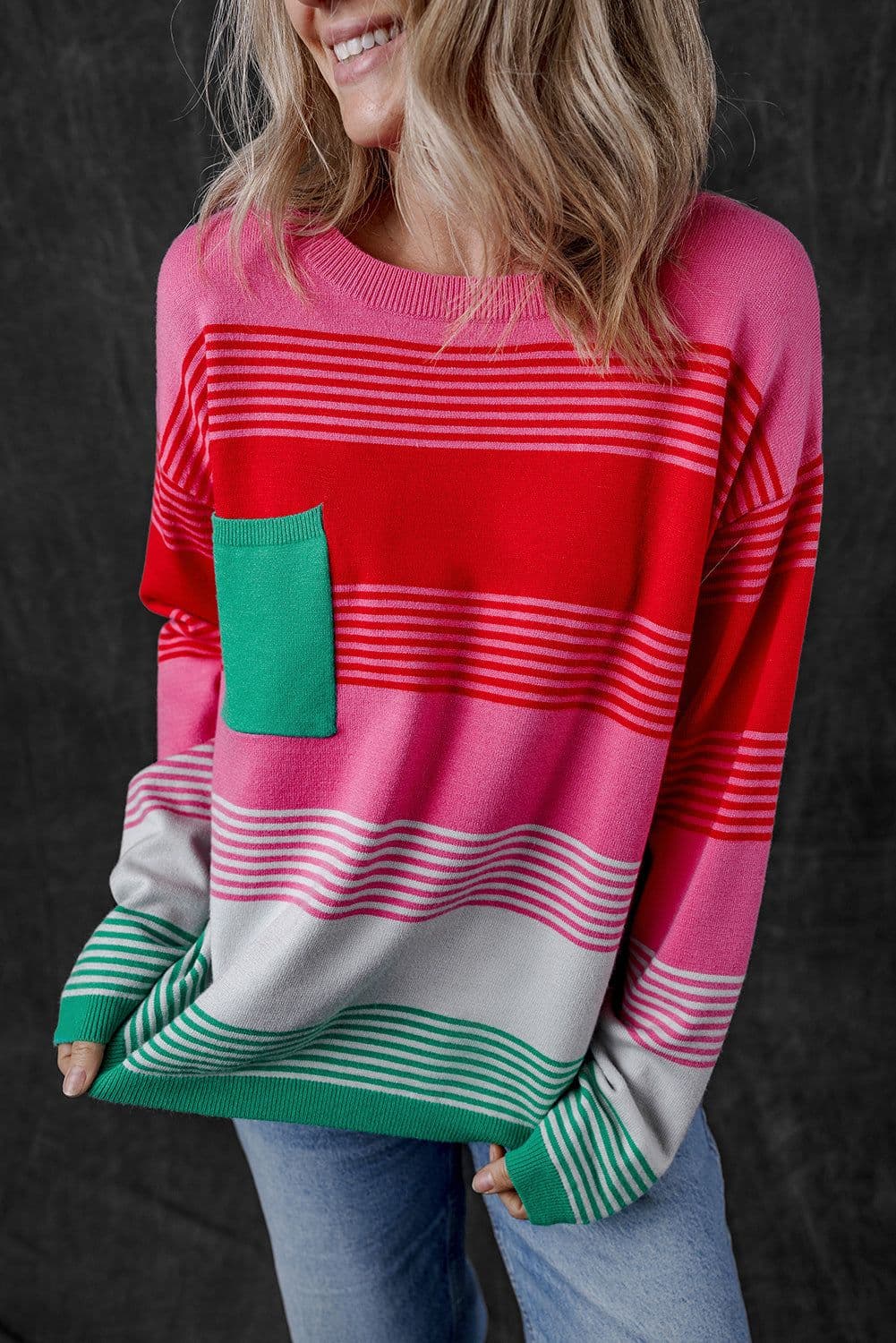 image-Striped Knit Patch Pocket Sweater - Drop Shoulder Design, Comfortable & Trendy