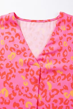 image-Pink Leopard V Neck Short Sleeve Blouse