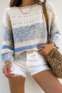 image-Light Blue Puff Sleeve Open Stitch Sweater - Fashionable Relaxed Fit