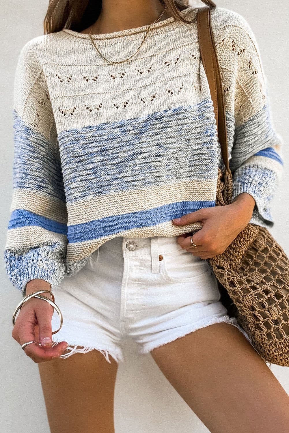 image-Light Blue Puff Sleeve Open Stitch Sweater - Fashionable Relaxed Fit