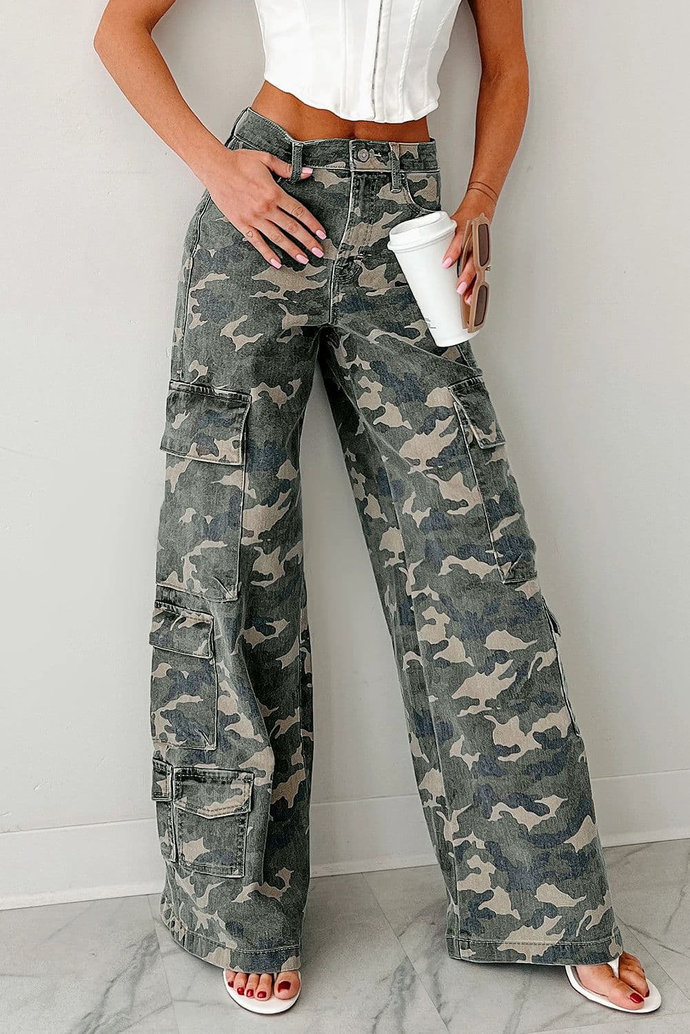 image-Green Camo Cargo Wide Leg Pants
