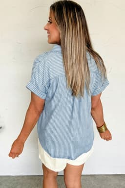 image-Sky Blue Stripe Short Sleeve Button Up Shirt