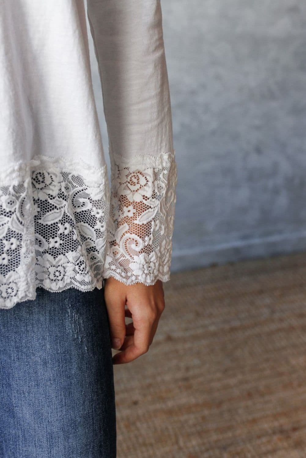 image-White Lace Trim V Neck Long Sleeve Top