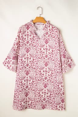 image-Pink Paisley Print Tiered 3/4 Sleeve Mini Dress