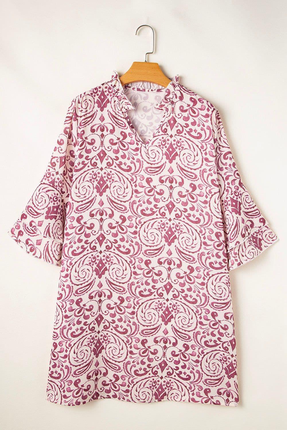 image-Pink Paisley Print Tiered 3/4 Sleeve Mini Dress