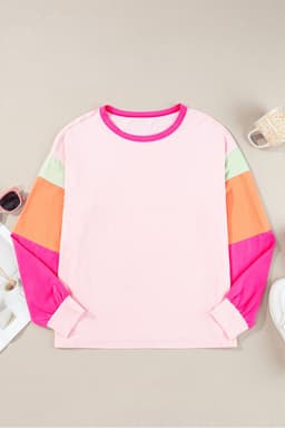 image-Dark Blue Colorblock Patchwork Long Sleeve Loose Top
