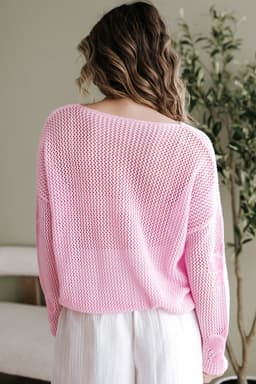 image-Light Pink Hollowed Knit Drop Shoulder Sweater - Chic & Feminine