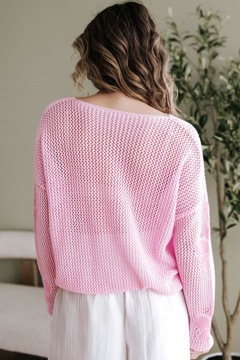 image-Light Pink Hollowed Knit Drop Shoulder Sweater - Chic & Feminine