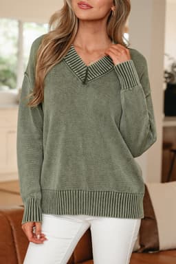 image-Four Leaf Clover Mineral Wash V Neck Knit Exposed Seam Drop Shoulder Loose Sweater