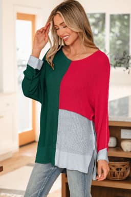 image-Evergreen Color Block Knit V Neck Sweater