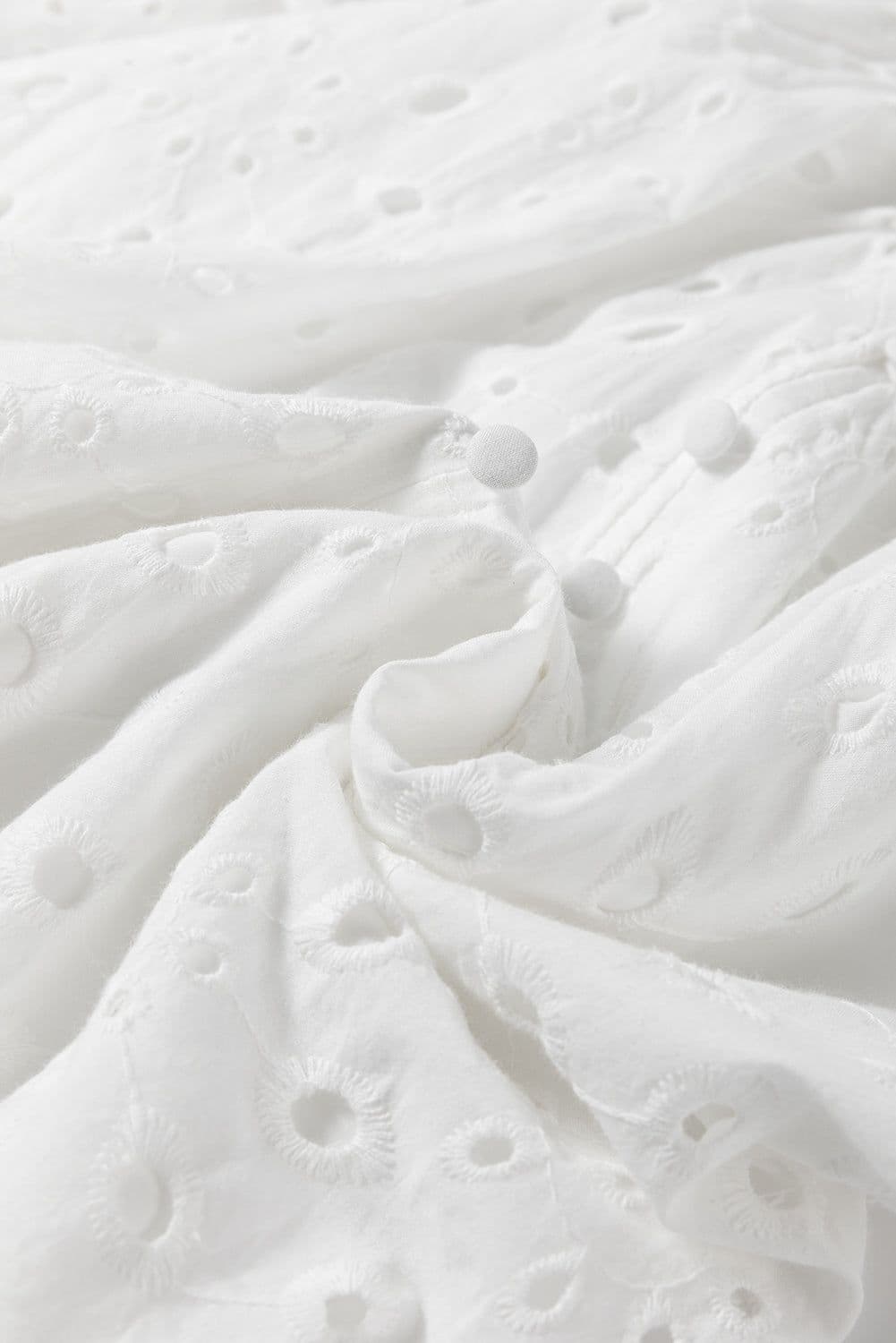 image-White Embroidered Hollow-out Puff Sleeve Blouse - Floral Design