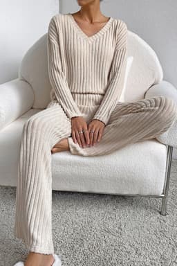 image-Ribbed Knit V Neck Slouchy Two-Piece Outfit - Khaki Modern Chic