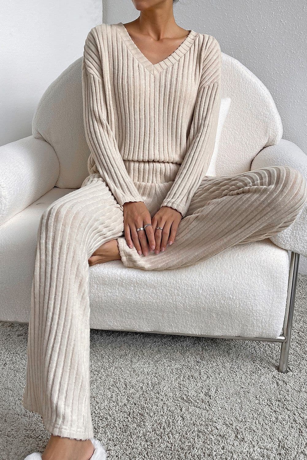 image-Ribbed Knit V Neck Slouchy Two-Piece Outfit - Khaki Modern Chic