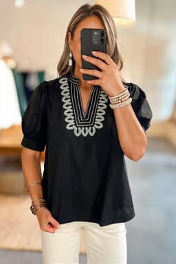 image-Black Short Puff Sleeve Contrast Embroidered Detail V Neck Blouse