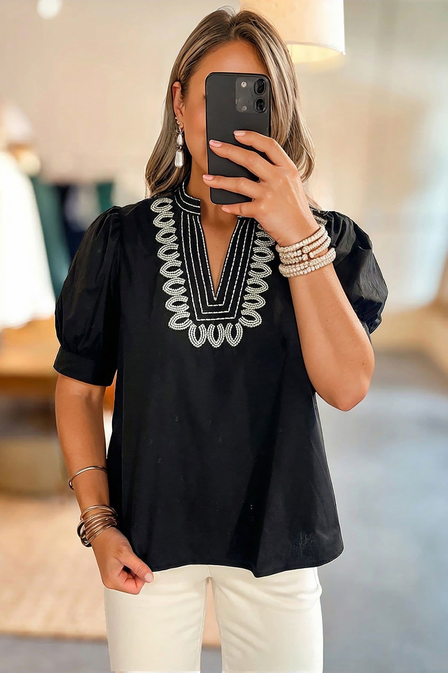 image-Black Short Puff Sleeve Contrast Embroidered Detail V Neck Blouse