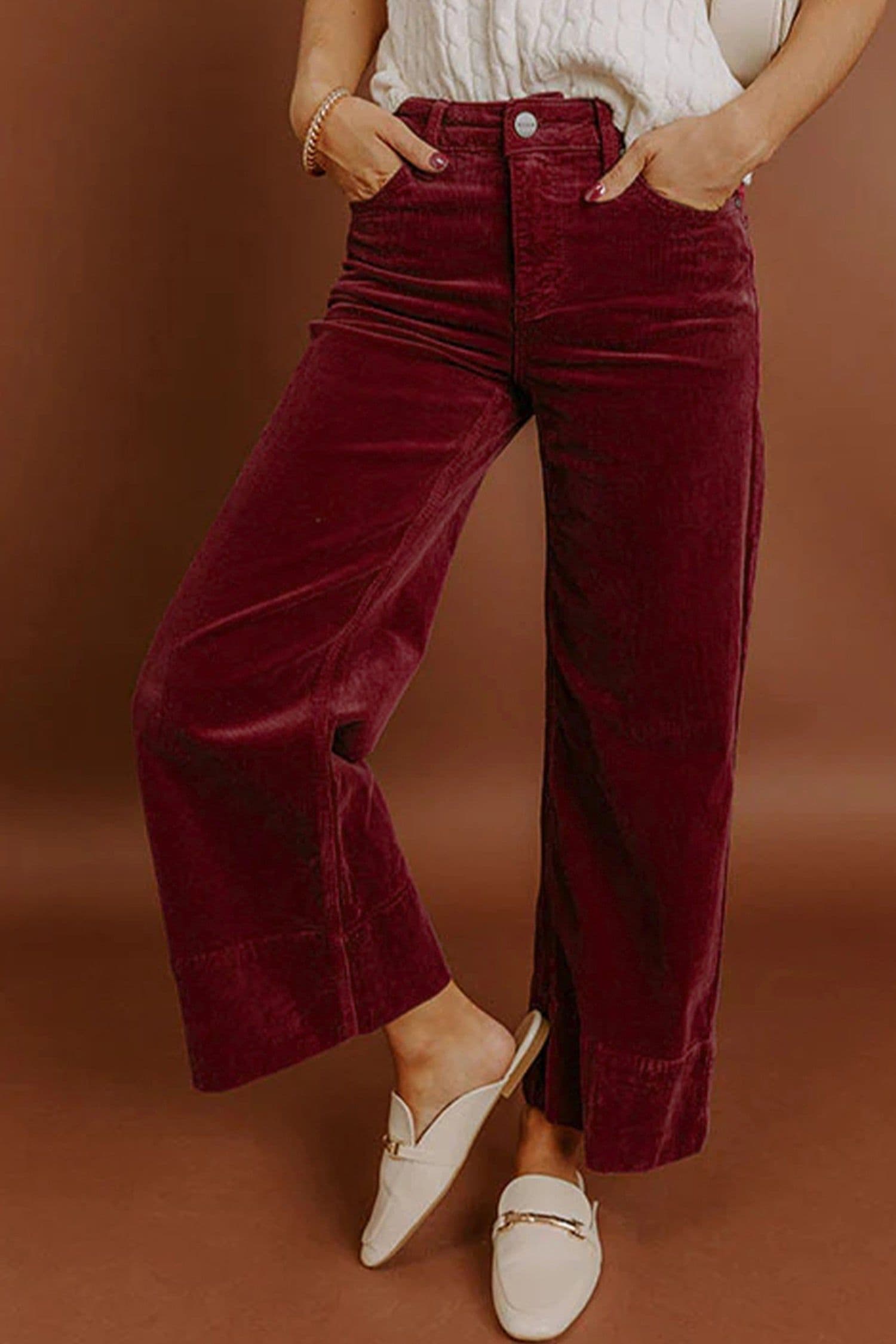 image-Burgundy Corduroy High Waist Wide Leg Pants
