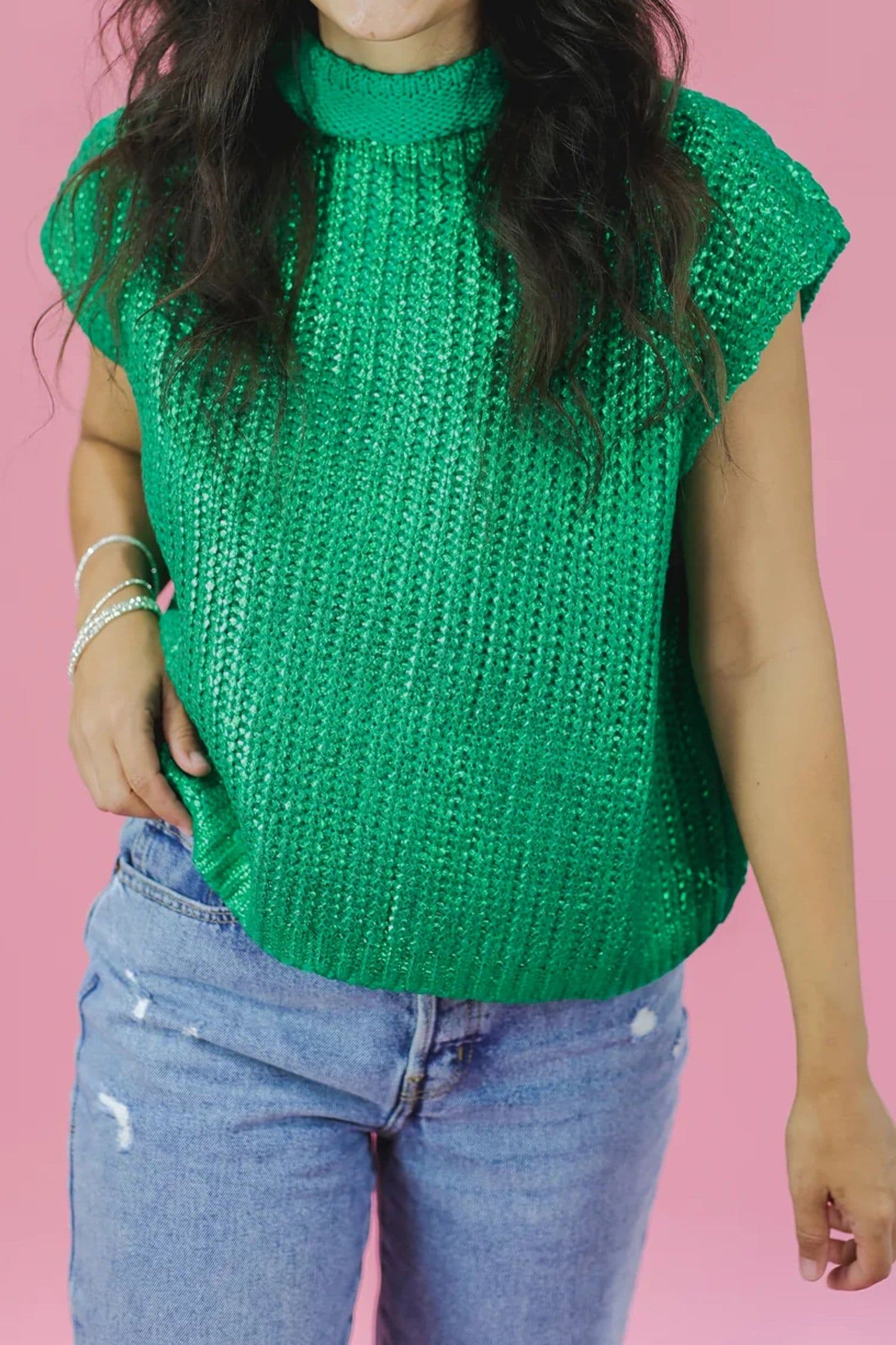 image-Bright Green Solid Color Knit High Neck Short Sleeve Sweater