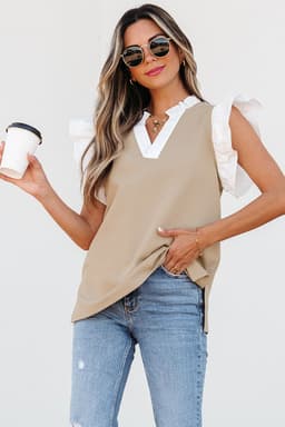 image-Pale Khaki Contrast V Neck Ruffled Knit Top