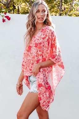 image-Pink Boho Floral V Neck Kimono Blouse - Oversized