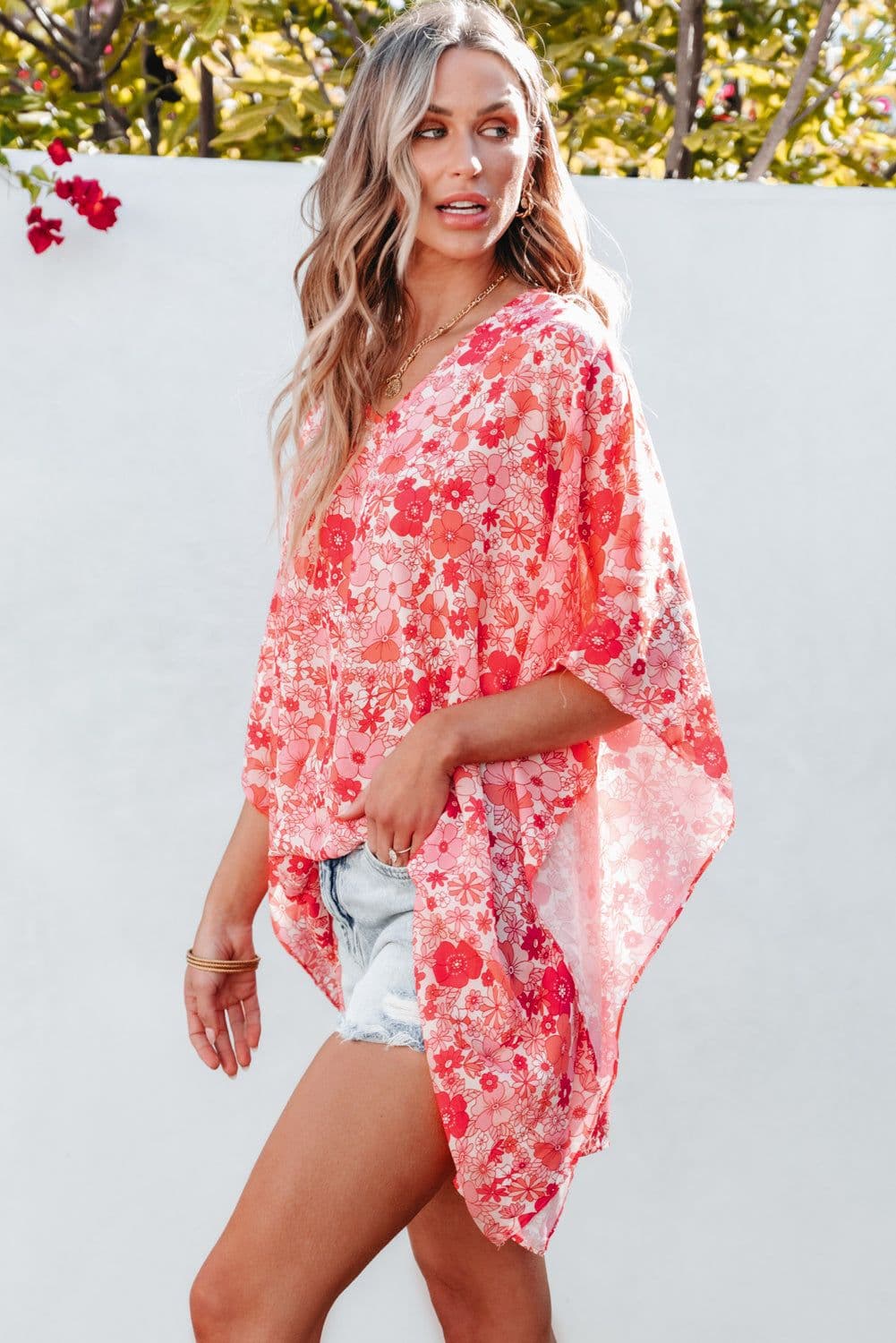 image-Pink Boho Floral V Neck Kimono Blouse - Oversized