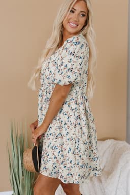 image-Beige Floral Puff Short Sleeve Empire Waist Mini Dress