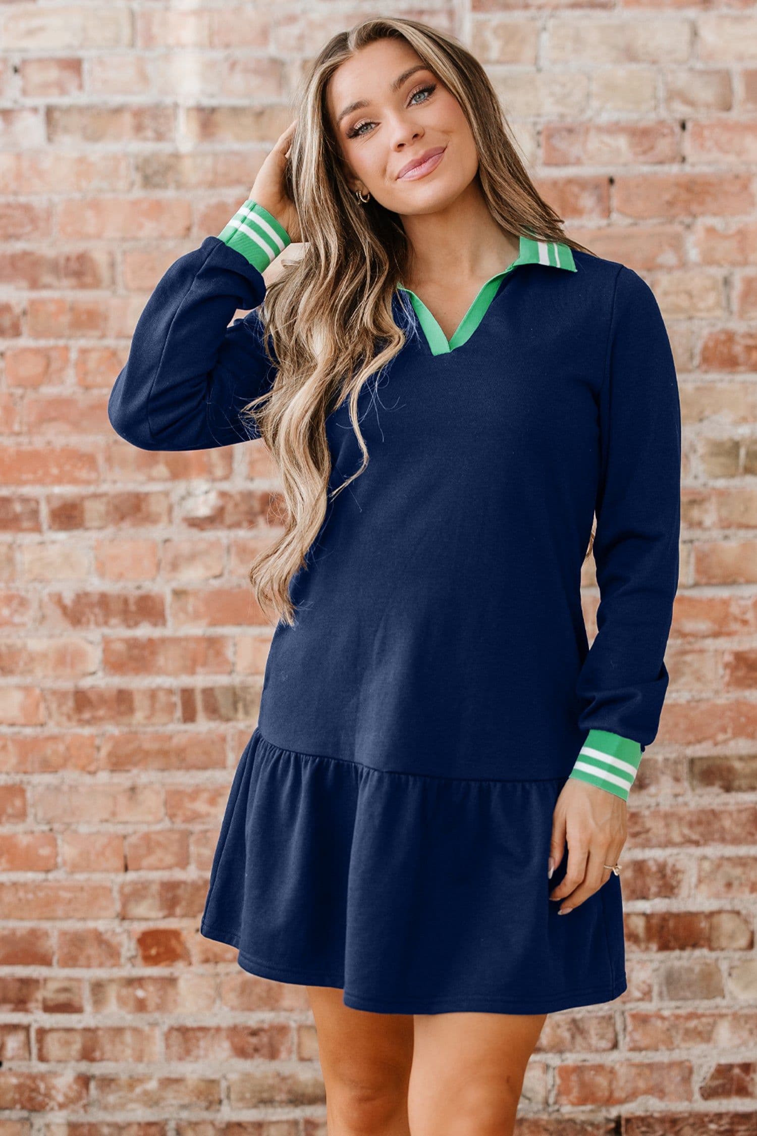 image-Navy Blue Contrast Striped Cuffs Polo Collar Patchwork Long Sleeve Ruffle Hem Mini Dress