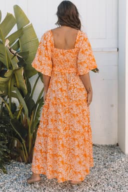 image-Orange Floral Smocked V Neck Maxi Dress Wide Sleeve