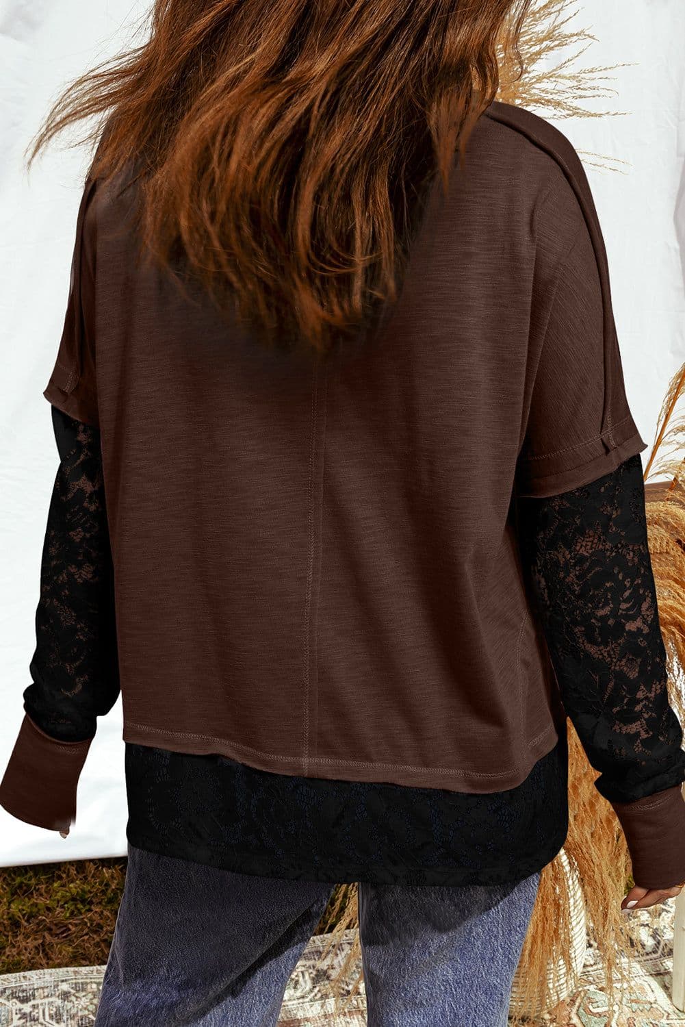 image-Light French Beige Sheer Lace Long Sleeve Tee