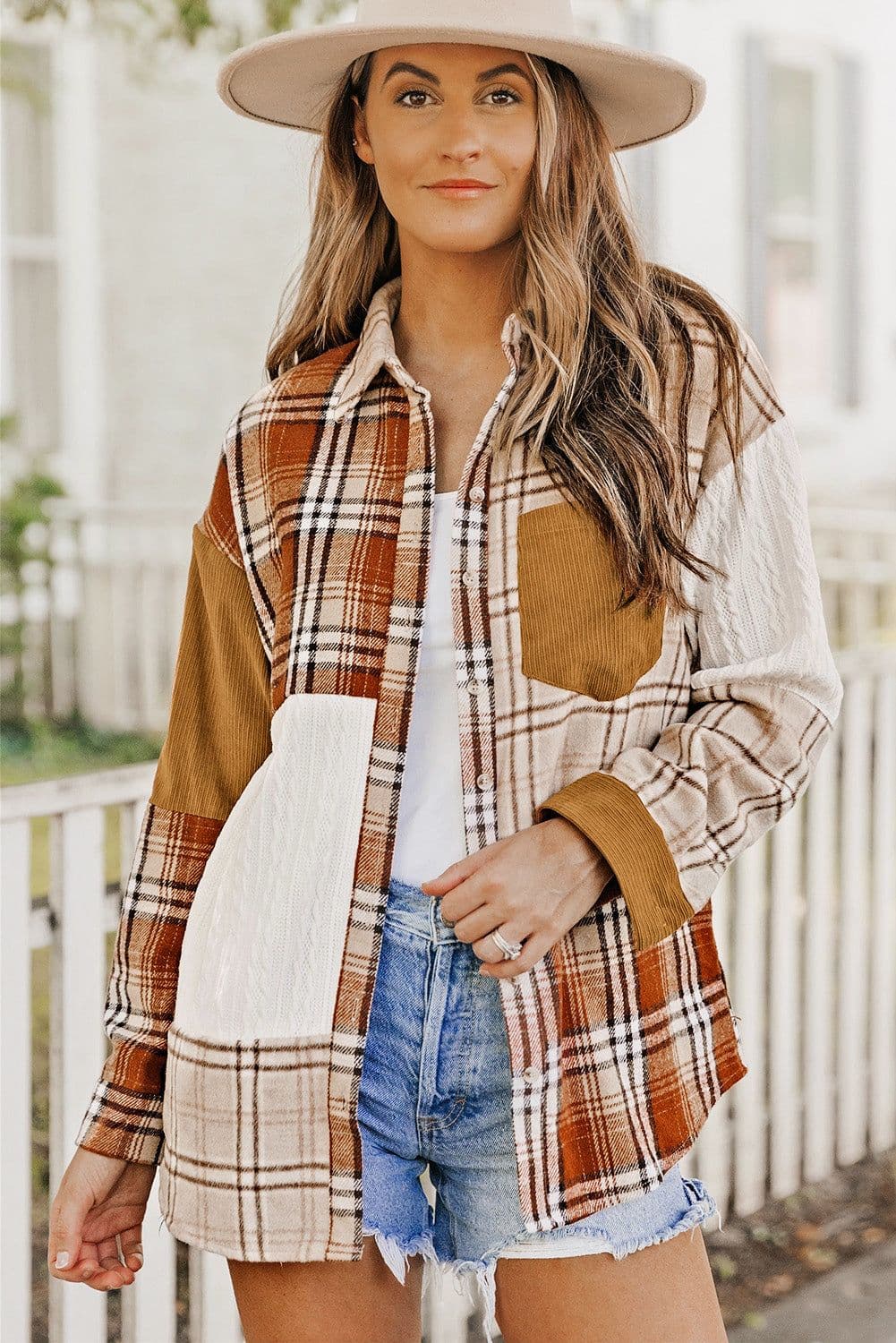 image-Plaid Color Block Patchwork Shirt Jacket - Orange, Sizes S-2XL