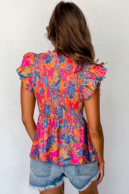 image-Floral Print Smocked Ruffle Trim Sleeve Blouse - Rose Red