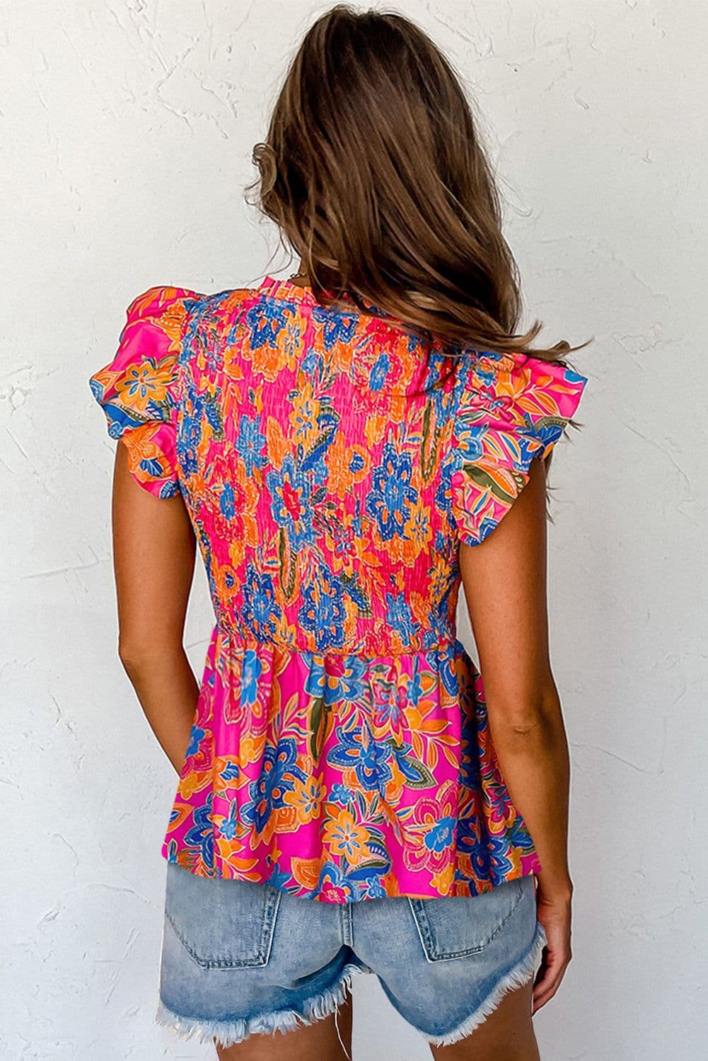 image-Floral Print Smocked Ruffle Trim Sleeve Blouse - Rose Red