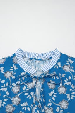 image-Blue Floral Print Tie Neck Short Sleeve Blouse