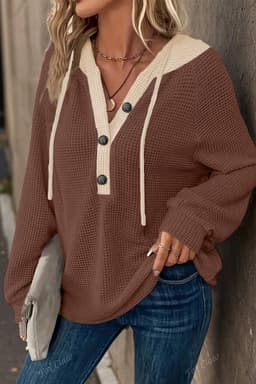 image-Coffee Waffle Contrast Half Buttoned Hooded Pullover Top