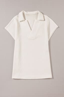 image-White Textured V Neck Collared Short Sleeve Top