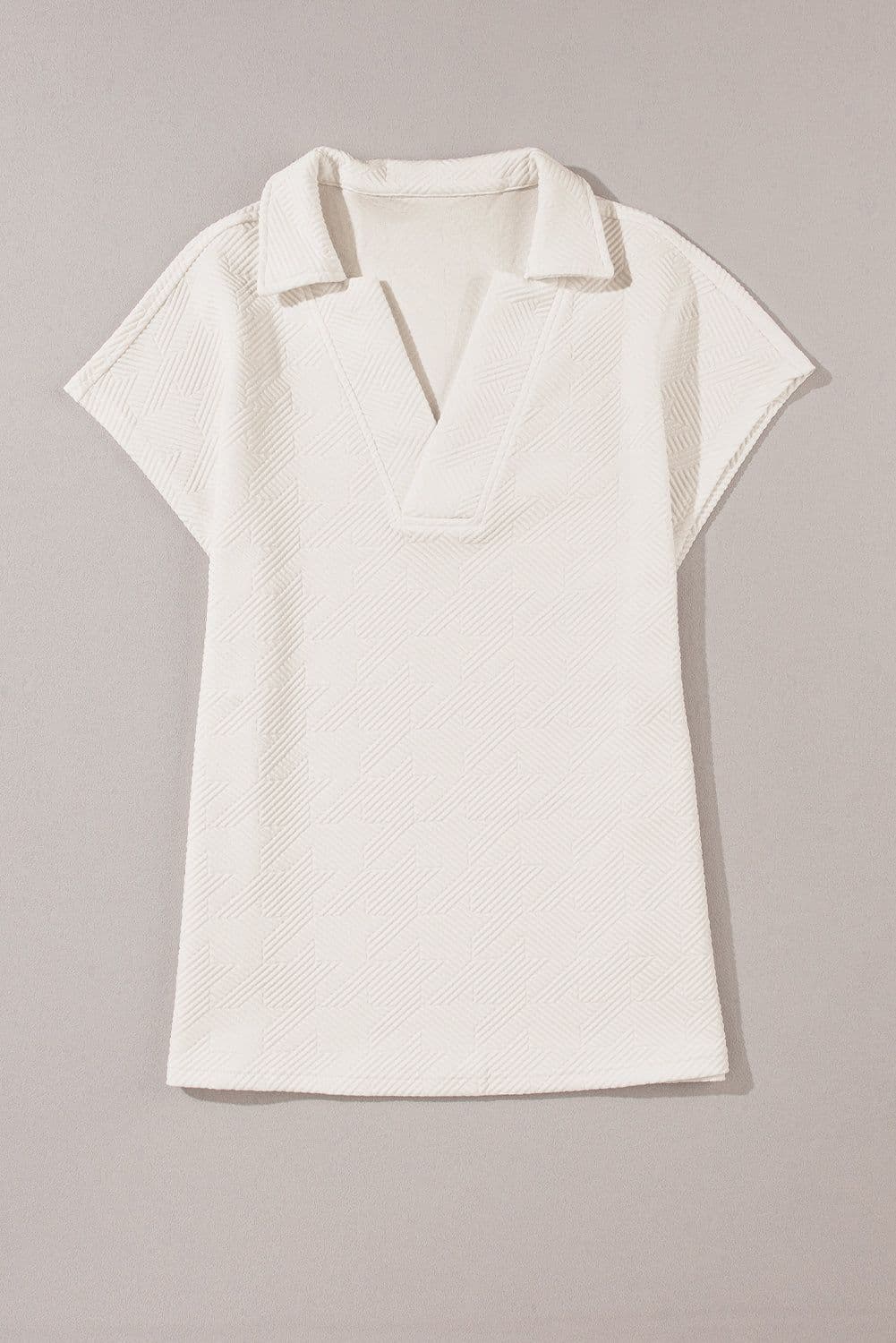image-White Textured V Neck Collared Short Sleeve Top