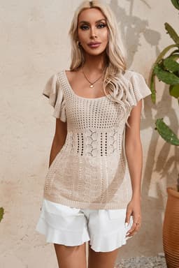 image-Beige Pointelle Knit Flutter Sleeve Sweater - Versatile & Chic