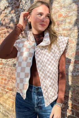 image-Khaki Contrast Plaid Quilted Button Zip Vest