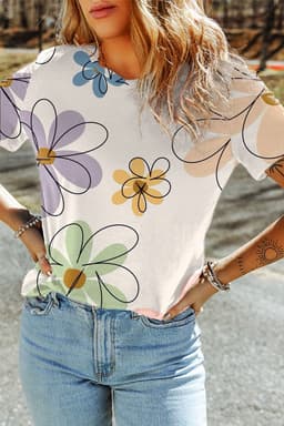 image-Beige Flower Print Summer T-Shirt