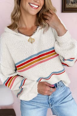 image-White Popcorn Knit Hooded Sweater - Striped
